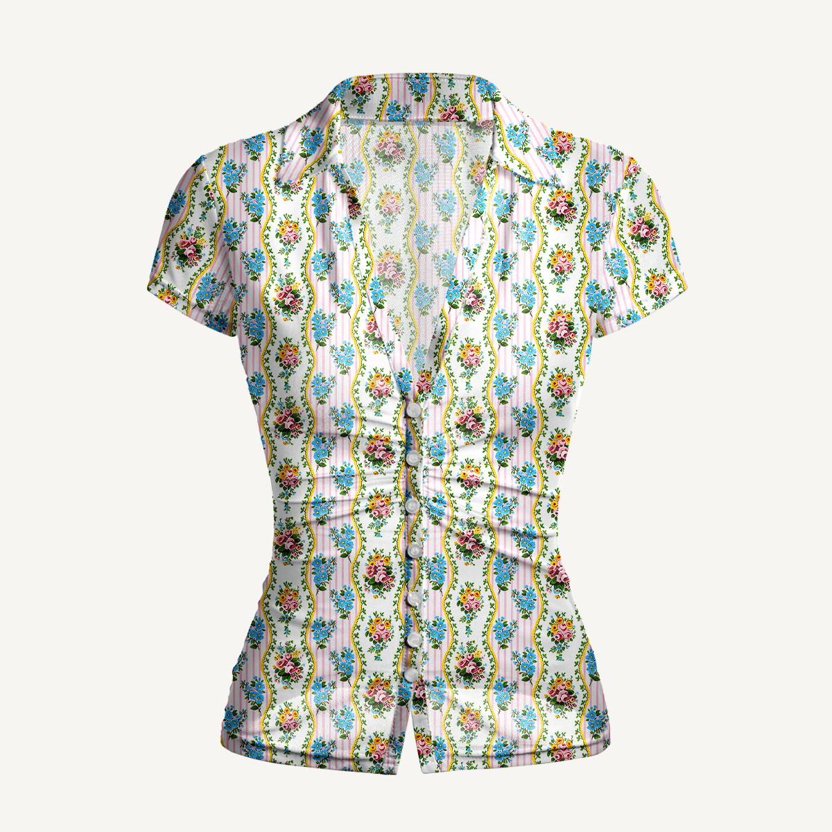 V-Neck Short Sleeve Vintage Bouquet Rose Print Mesh Top