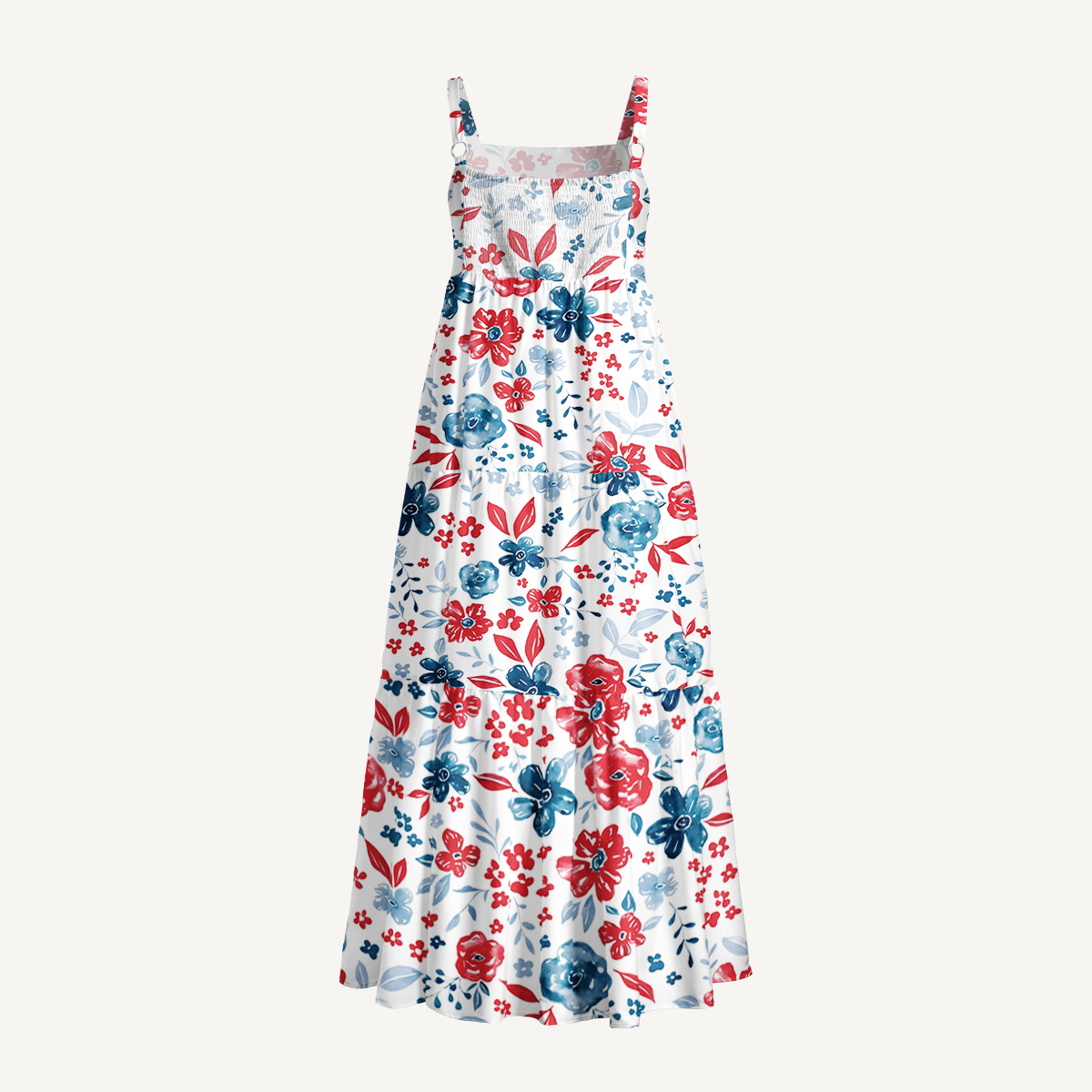 Patriotic Floral American Flag Print Wide Straps Maxi Dress With Pockets