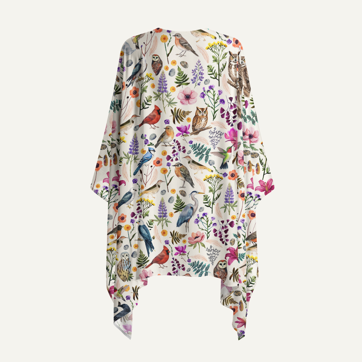 Whimsical Woodland Birds Wildflowers Print Kimono Shawl Wrap