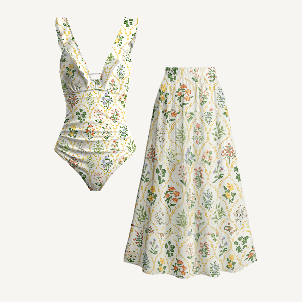 Warm Grid Floral Whisper Ruffled V Neck One Piece Swimsuit and Matching Midi Skirt Set