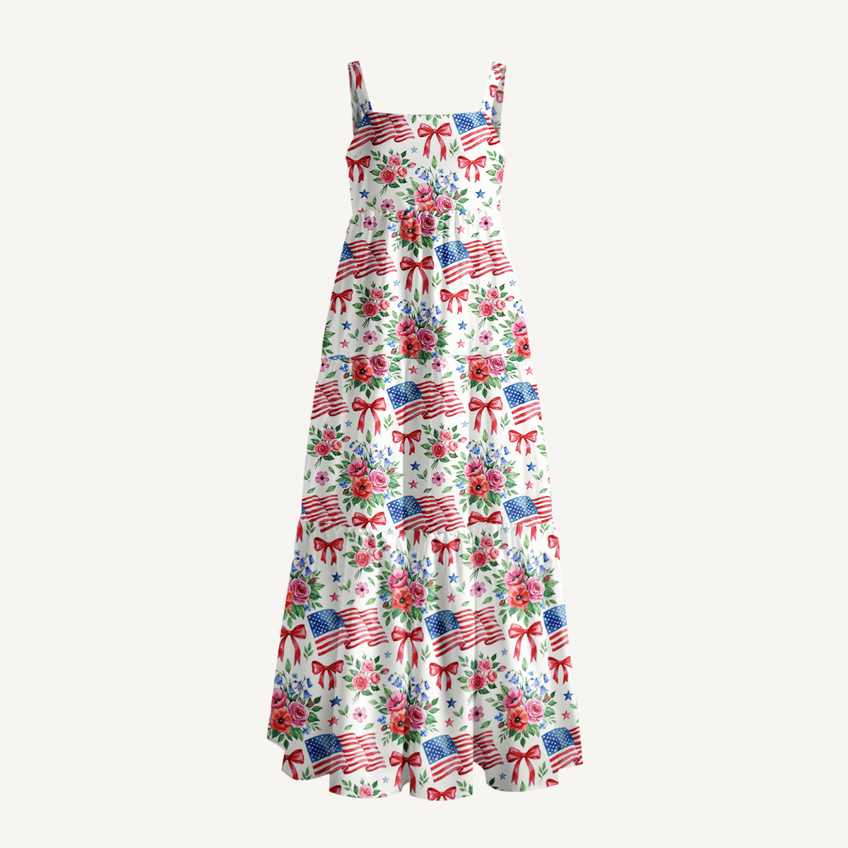 Patriotic Floral Bows Print Wide Straps Maxi Dress With Pockets