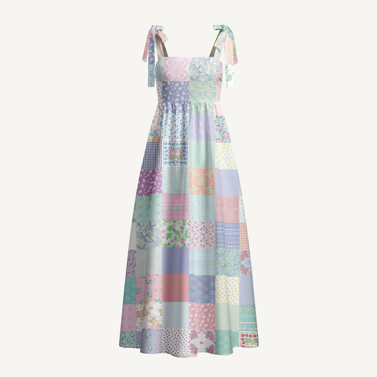 Vintage Quilt Patchwork Print Bow Strap Maxi Dress