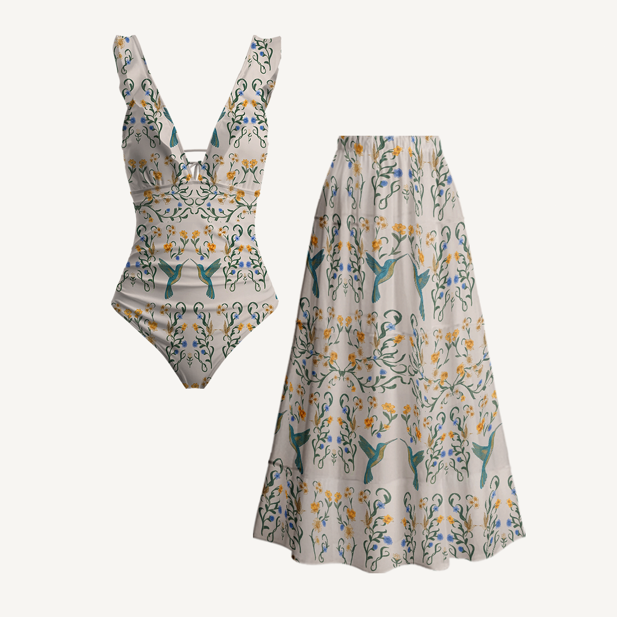 Whispering Hummingbird Ruffled V Neck One Piece Swimsuit and Matching Midi Skirt Set