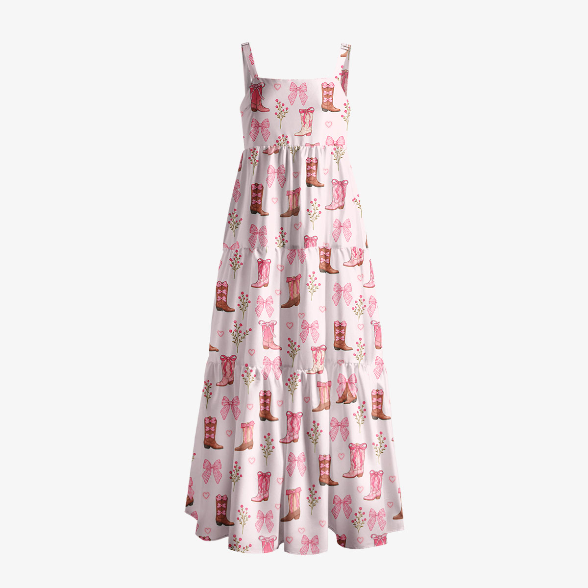Blush Bow Cowgirl Boots Floral Print Wide Straps Maxi Dress With Pockets